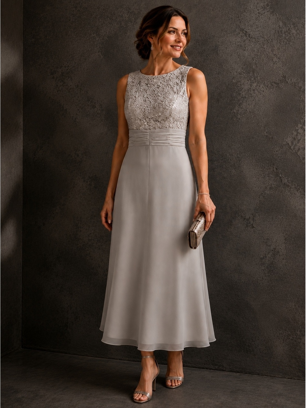 R&M Richards Women's Sleeveless Formal Evening Dress with Sequin Lace Bodice, Ch